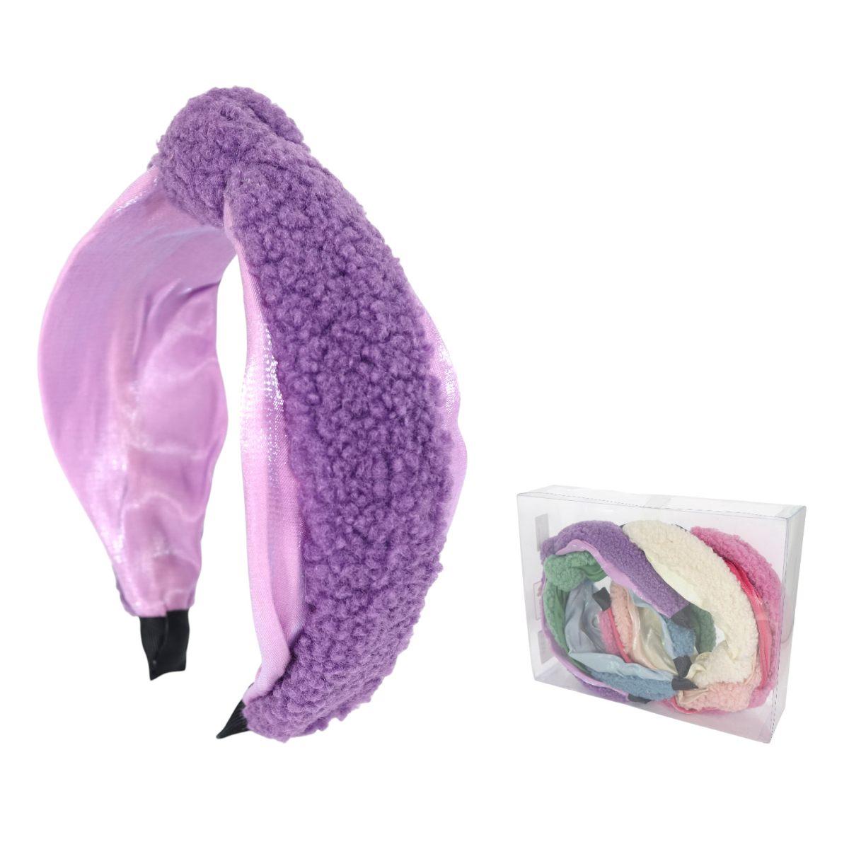 Cerchietto per capelli doppio tessuto teddy e raso iridescente con nodo colori assortiti Lillà