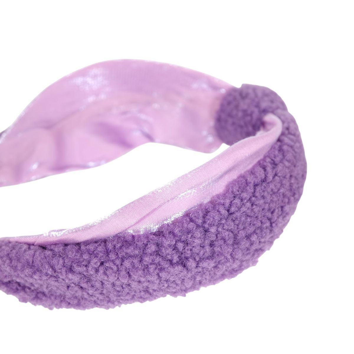 Cerchietto per capelli doppio tessuto teddy e raso iridescente con nodo colori assortiti Lillà