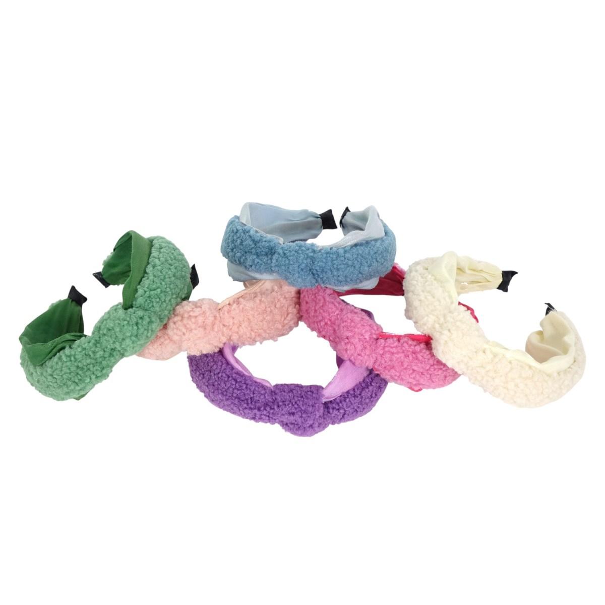 Cerchietto per capelli doppio tessuto teddy e raso iridescente con nodo colori assortiti Lillà