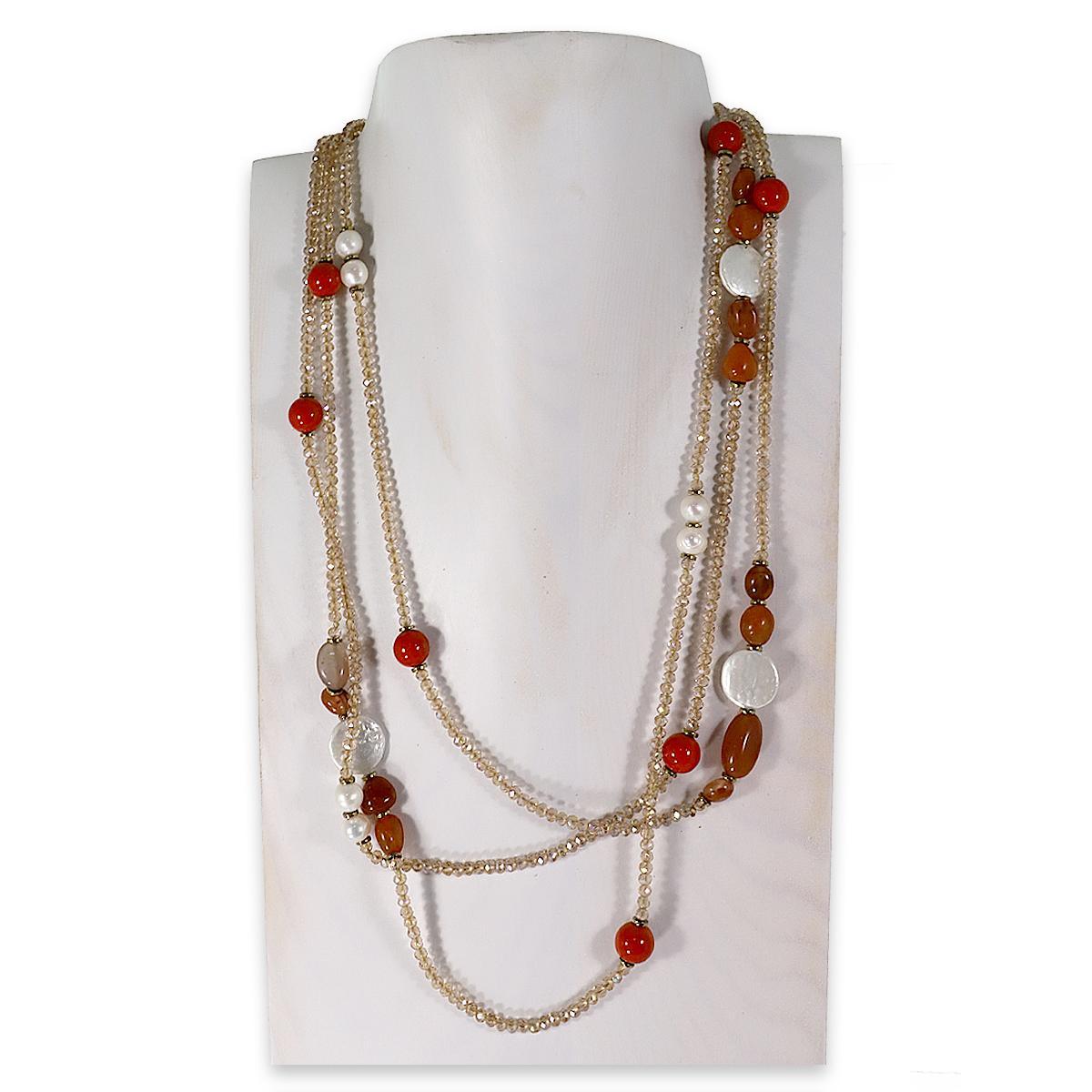 Collana montata in cristallo, perle di fiume, diaspro rosso, avventurina rossa