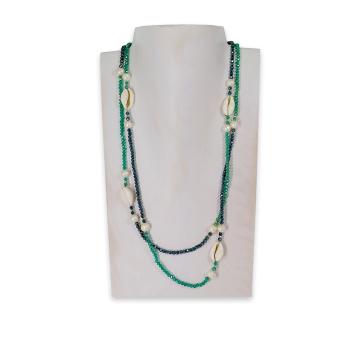 Collana montata in cristallo petrolio verde, perle di fiume e paguro