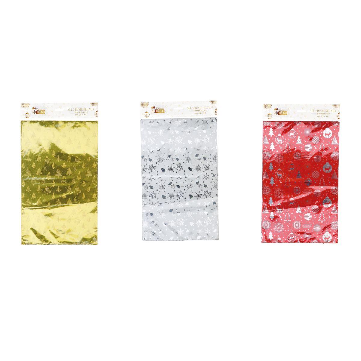Set 5 buste regalo metallizzate natalizie 25x40 cm