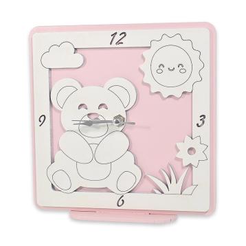 Orologio grande in legno da tavolo orso rosa bimba 17,5x17 cm