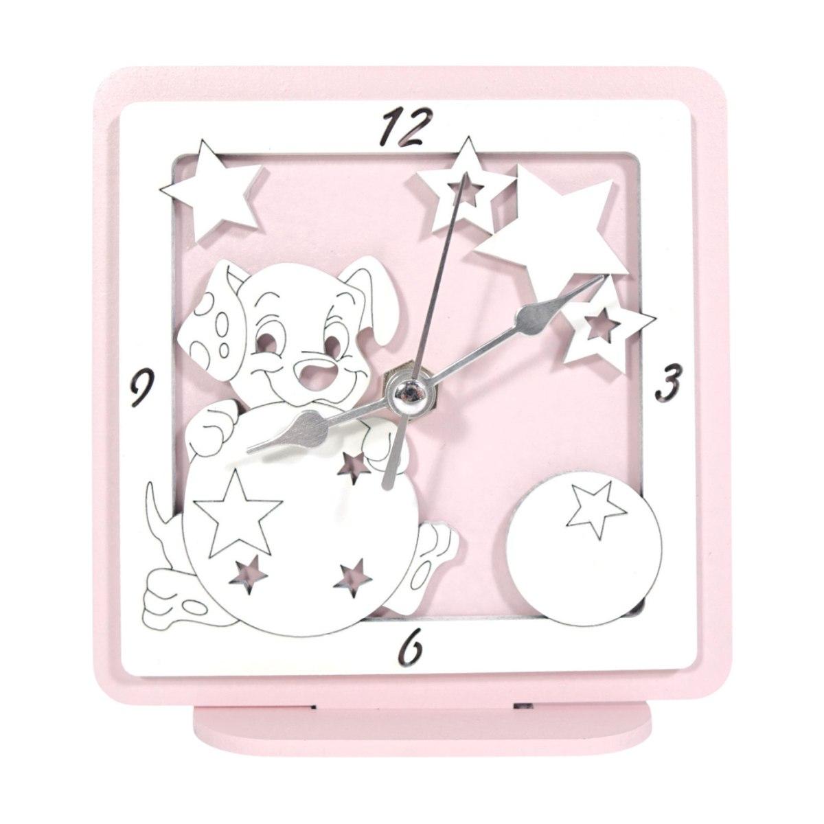 Orologio piccolo in legno da tavolo cane rosa bimba 12,5x12 cm