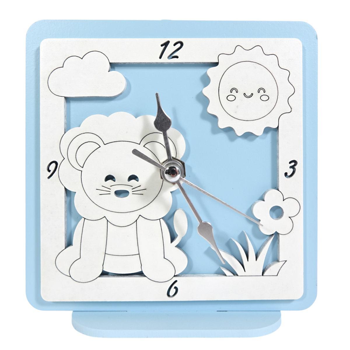 Orologio piccolo in legno da tavolo leone azzurro bimbo 12,5x12 cm