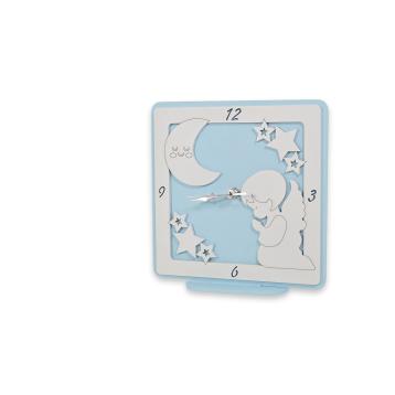 Orologio piccolo in legno da tavolo angelo azzurro bimbo 12,5x12 cm