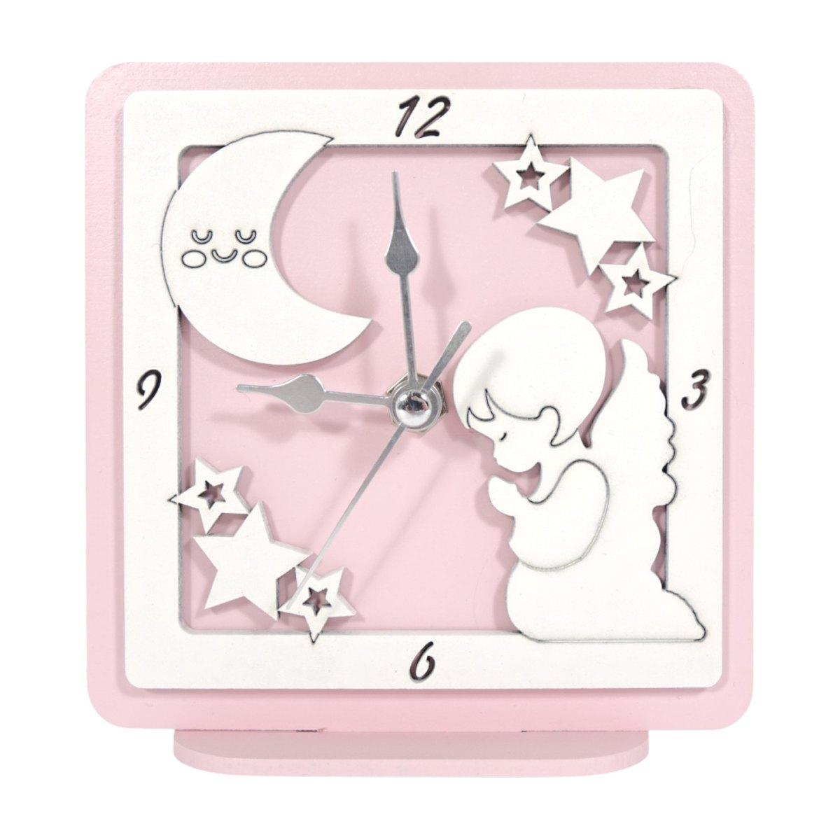 Orologio piccolo in legno da tavolo angelo rosa bimba 12,5x12 cm