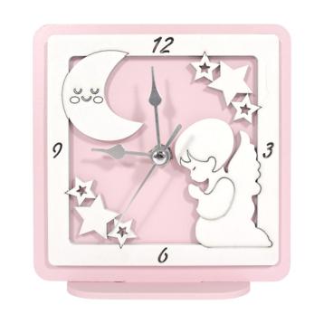 Orologio piccolo in legno da tavolo angelo rosa bimba 12,5x12 cm