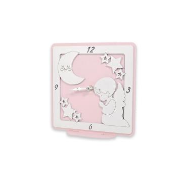 Orologio piccolo in legno da tavolo angelo rosa bimba 12,5x12 cm