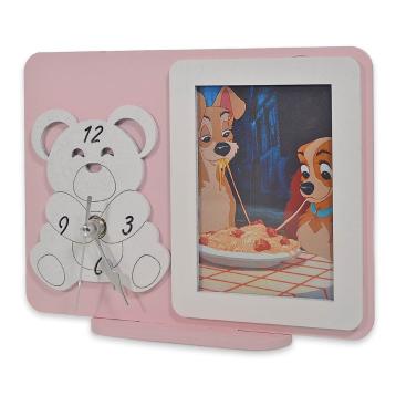 Orologio e portafoto da tavolo in legno orso rosa bimba 14x17,5 cm per foto 10x7 cm
