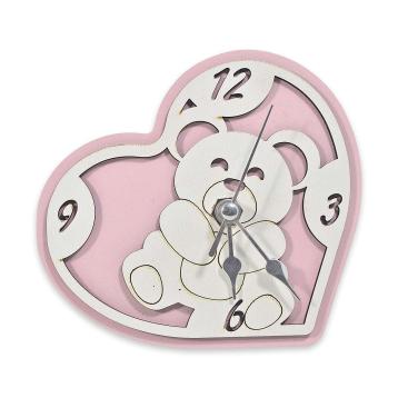 Orologio in legno da tavolo a cuore orso rosa bimba 11x12 cm