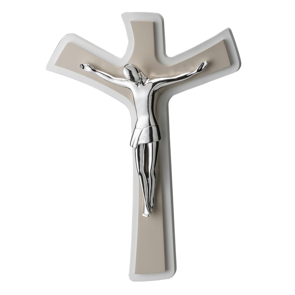 Cristo stilizzato argento su croce legno bianco e tortora 29 x 45 Cm