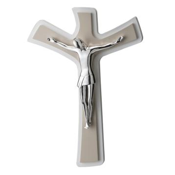 Cristo stilizzato argento su croce legno bianco e tortora 29 x 45 cm