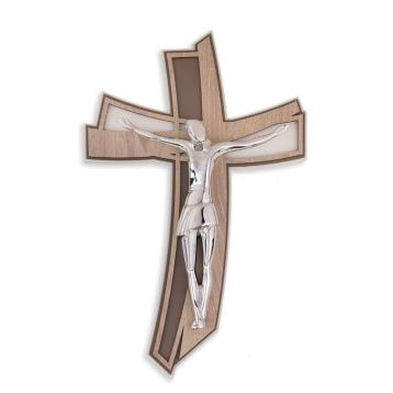 Cristo stilizzato argebto su croce curva olmo grigio 35x22 cm