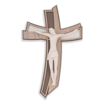 Cristo stilizzato bianco su croce curva olmo grigio 35x22 cm