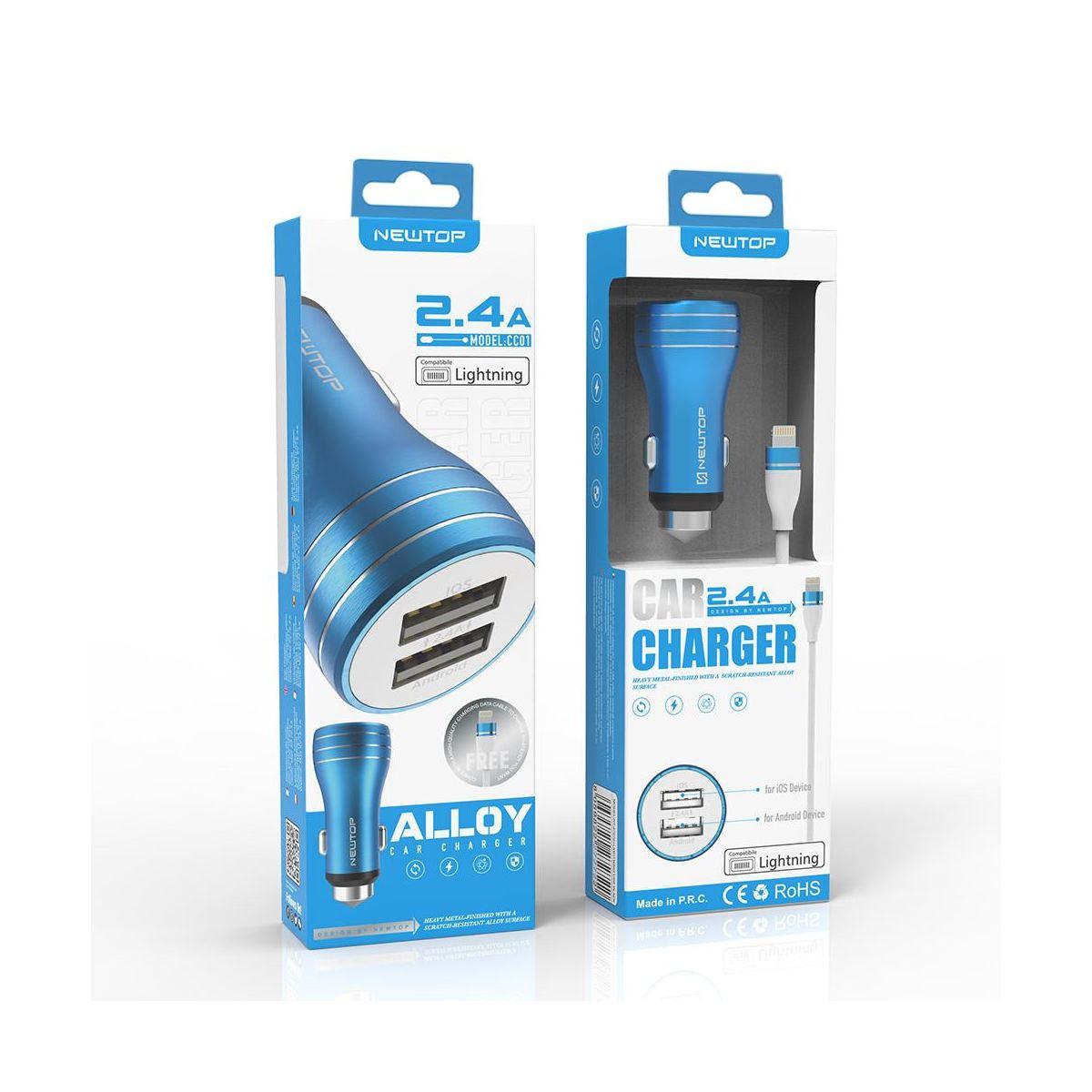 Newtop CC01 caricabatterie auto alluminio 2.4 A 2 USB con cavo Lightning ( iphone )