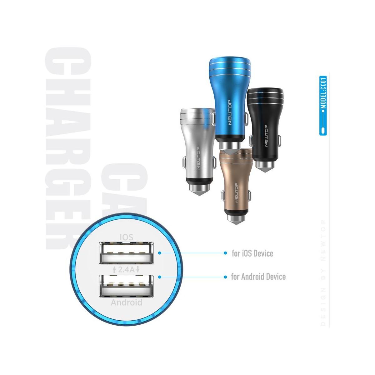 Newtop CC01 caricabatterie auto alluminio 2.4 A 2 USB con cavo Lightning ( iphone )