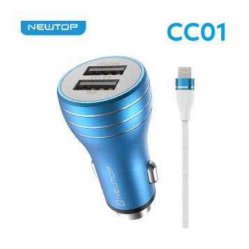 Newtop cc01 caricabatterie auto alluminio 2.4 a 2 usb con cavo lightning ( iphone )