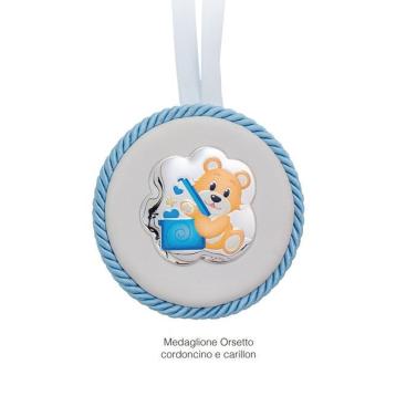 Medaglione tondo 10 cm con pon pon e carillon orsetto baby dream Celeste