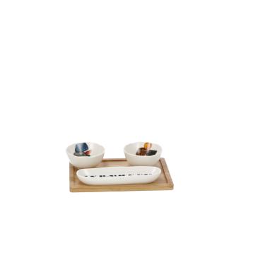 Set 3 ciotole in porcellana con vassoio in bamboo - vassoio 21,5 x 15,5 cm