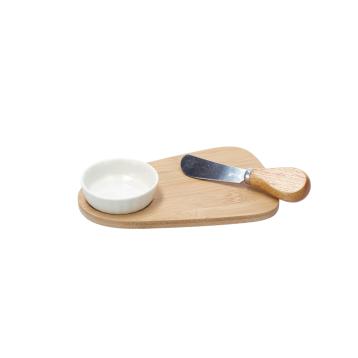 Ciotola in ceramica con vassoio in bamboo e 1 coltello da burrod7 x h2,5 cm - vassoio 18 x 1 cm