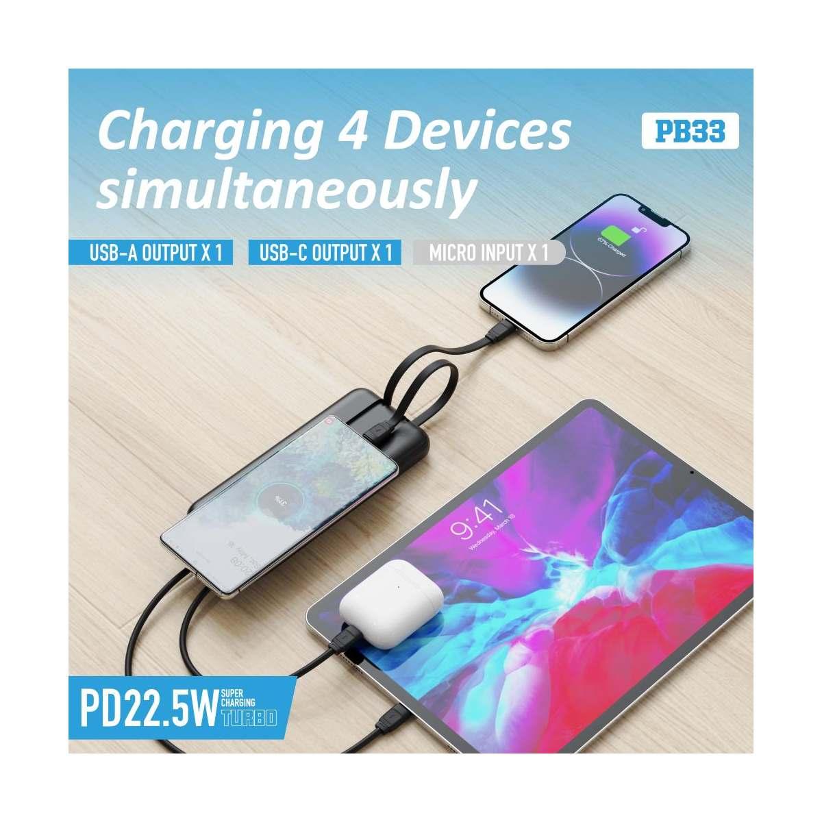Newtop pb33 power bank 22.5w fast charging con cavi 10000mah nero
