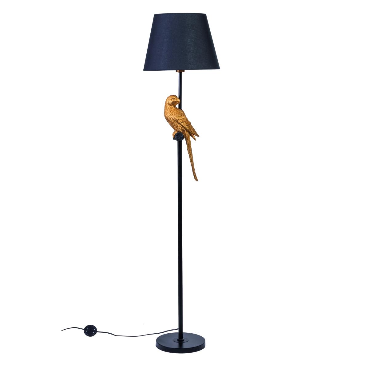 Piantana in metallo con paralume in tessuto e pappagallo decorativo in resina 34x h.164 cm