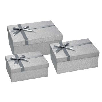 Set 3 scatole natalizie rettangolari in cartone con nastro argento 22x16h9cm-25x18h10,5cm-28x20h12cm