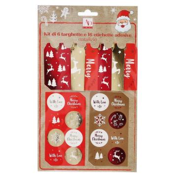 Kit 6 targhette e 16 etichette adesive natalizie ass. 2 composizioni 25x11cm