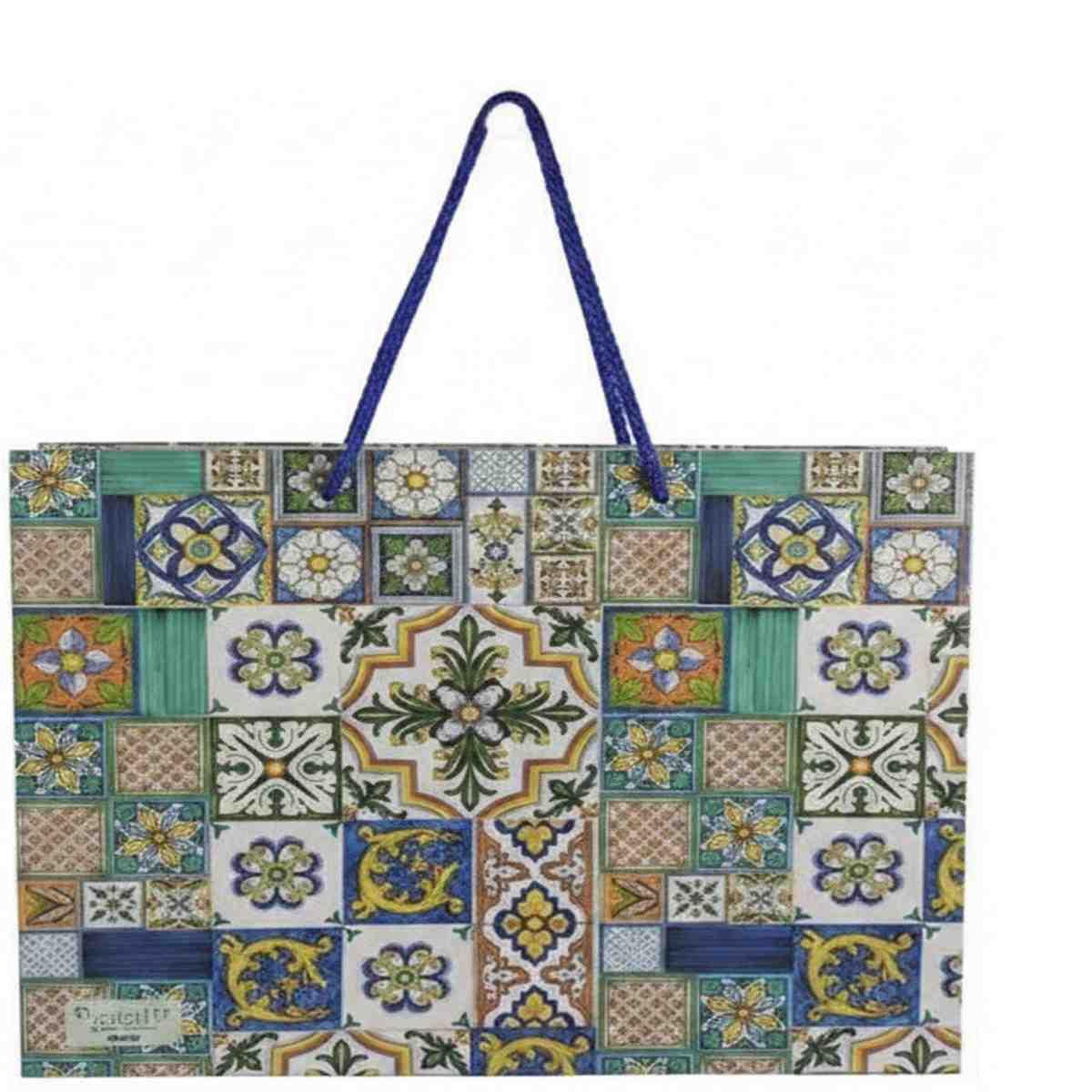 Shopper in carta h.49 x l.58 x p.15 cm decorazioni siciliane e manico in corda