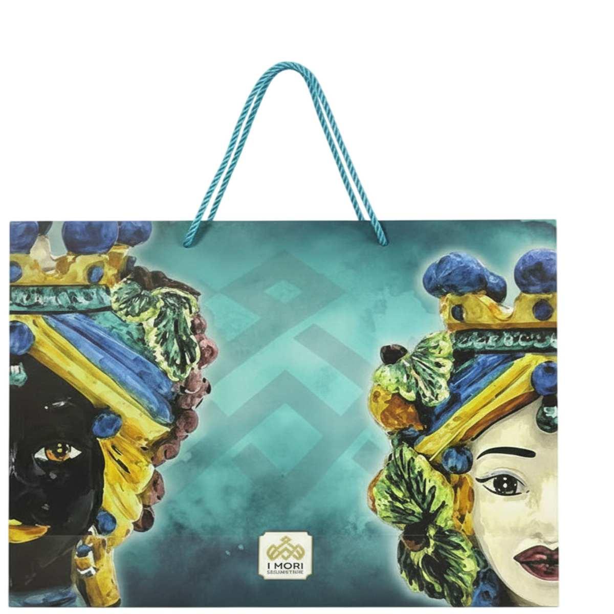 Shopper in carta h.49 x l.58 x p.15 cm decorazioni siciliane e manico in corda