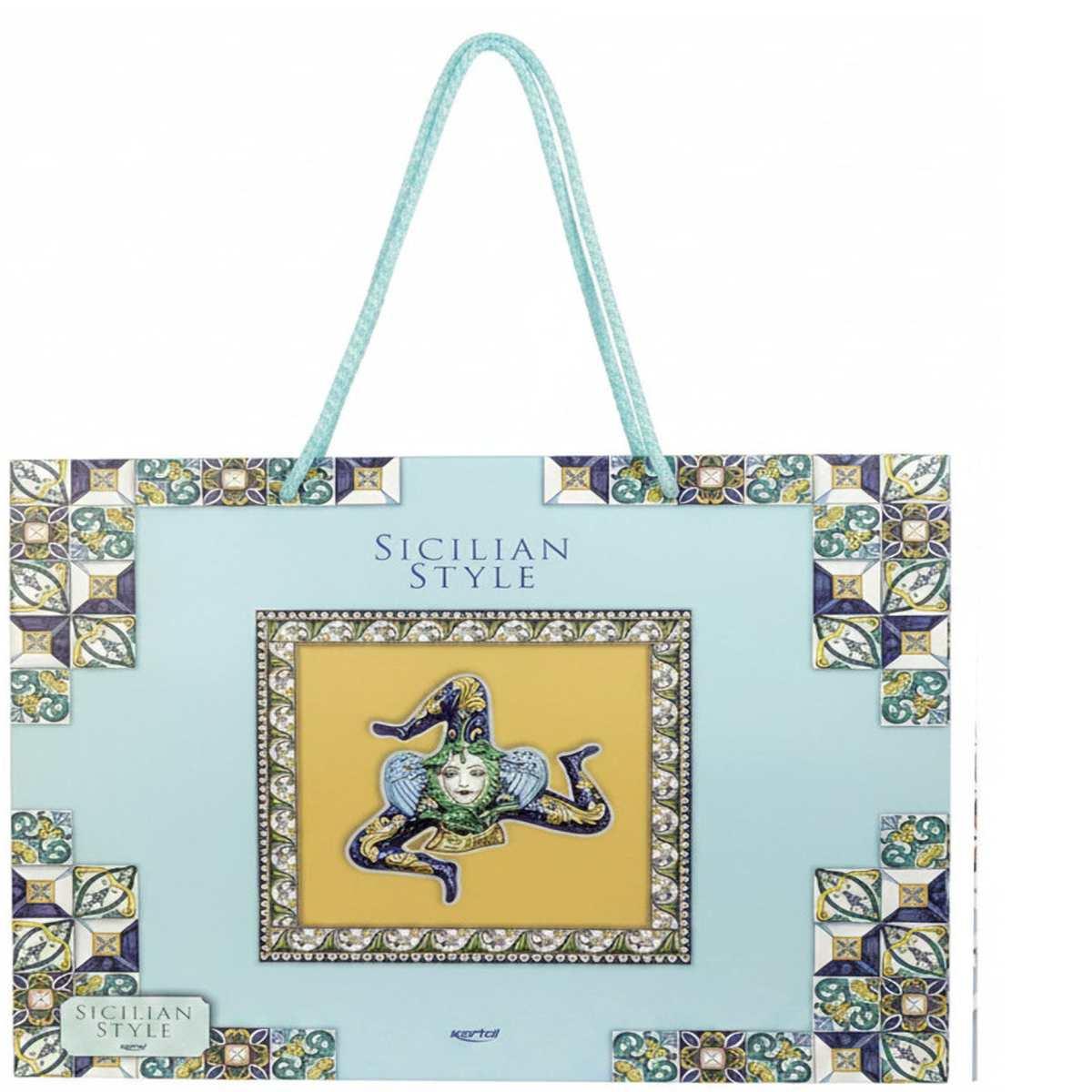 Shopper in carta h.49 x l.58 x p.15 cm decorazioni siciliane e manico in corda
