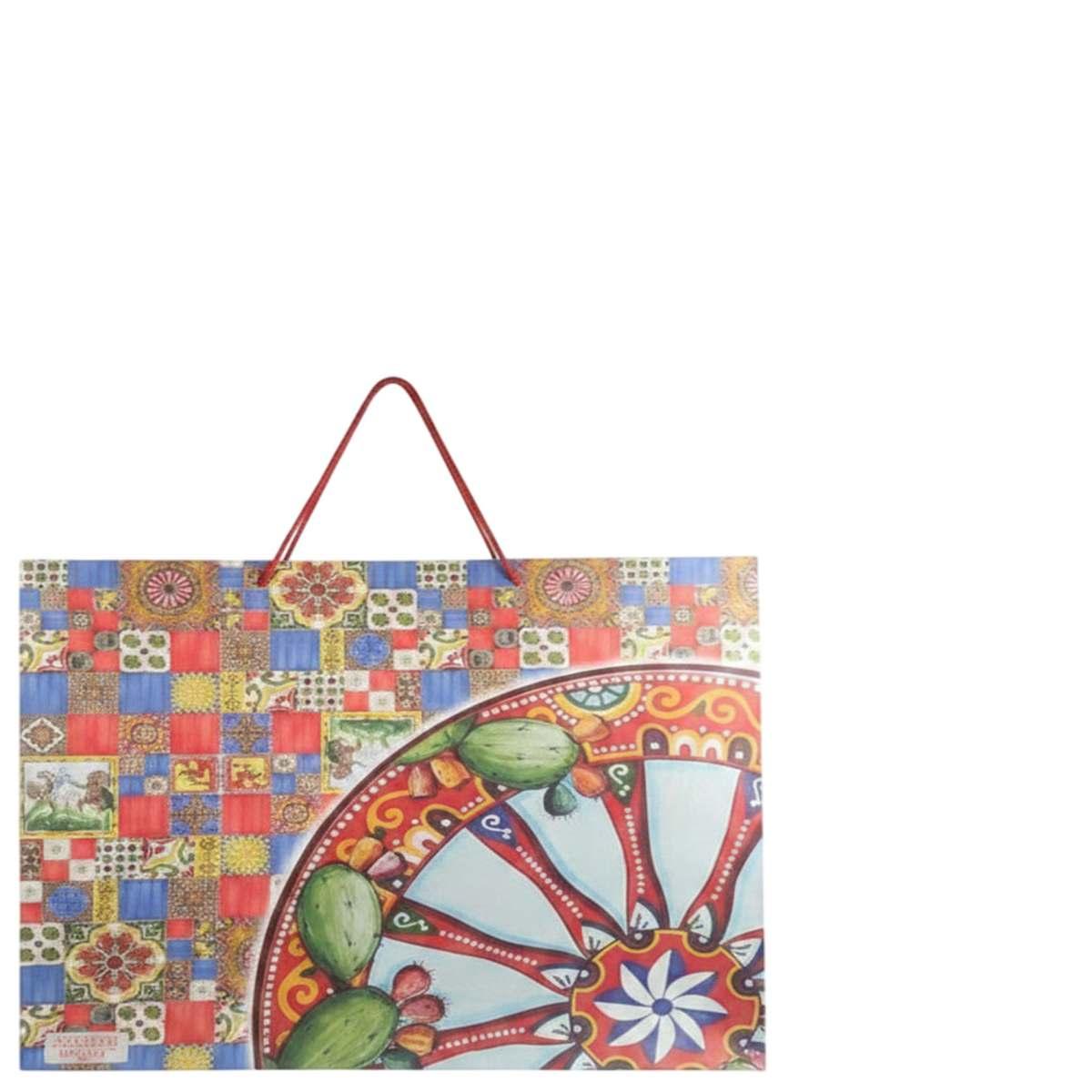 Shopper in carta h.38 x l.43 x p.15 cm fantasia decorazioni siciliane e manico in corda