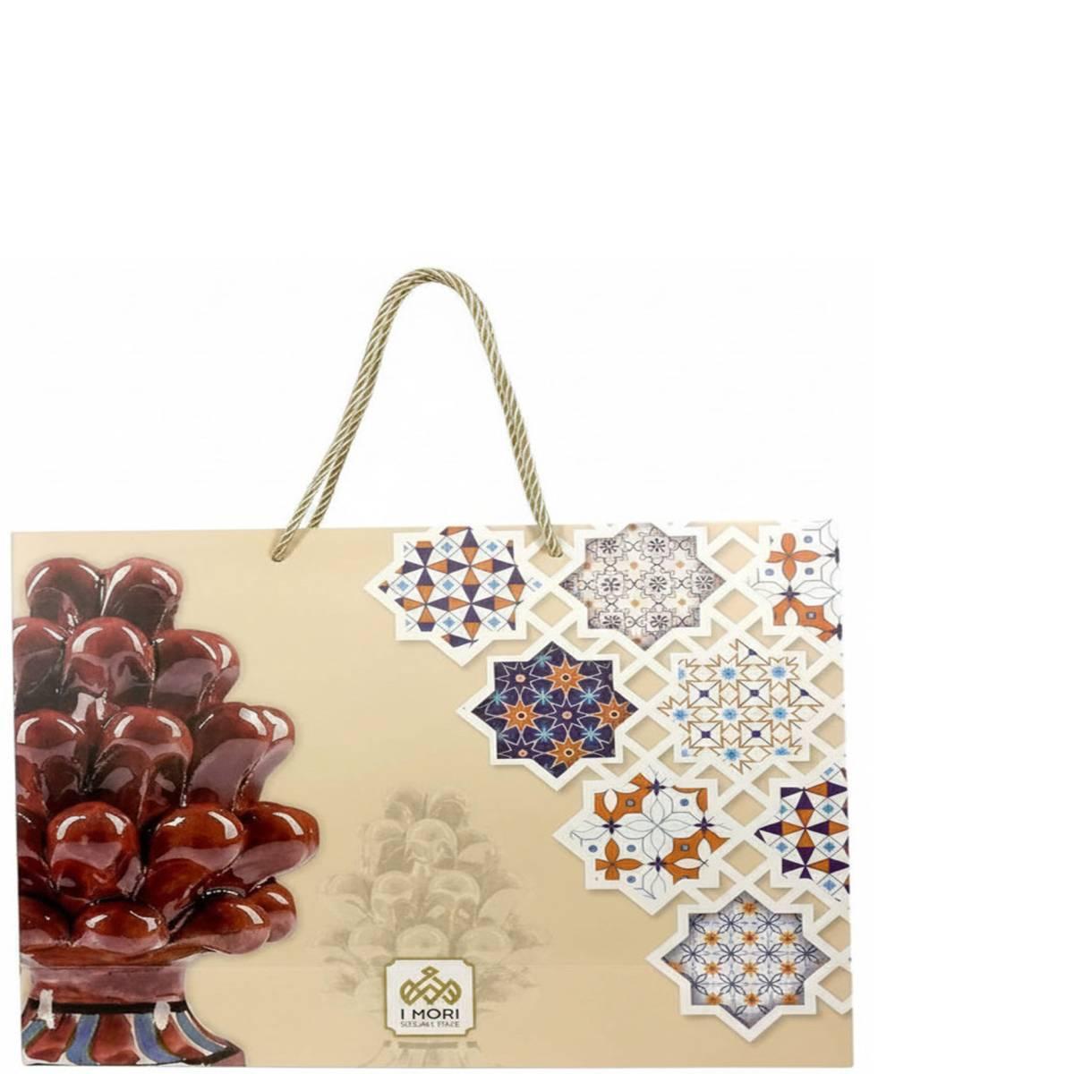 Shopper in carta h.38 x l.43 x p.15 cm fantasia decorazioni siciliane e manico in corda