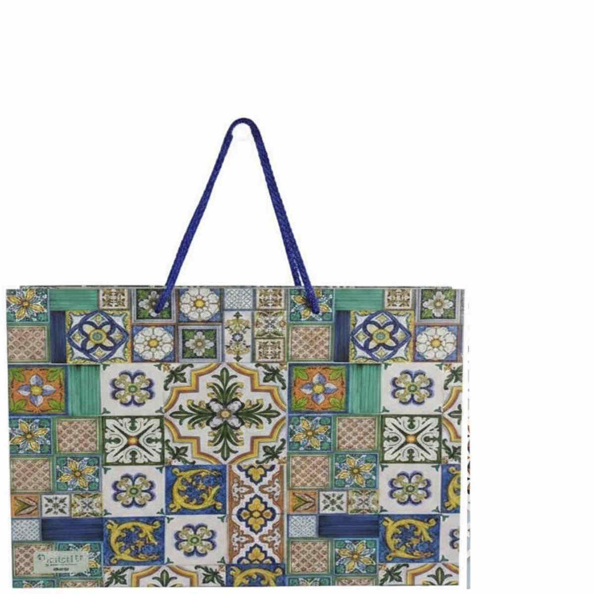 Shopper in carta h.38 x l.43 x p.15 cm fantasia decorazioni siciliane e manico in corda