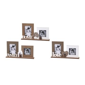Decorazione in mdf con 2 portafoto con scritte Family Home e Love 38x6x h.22 cm