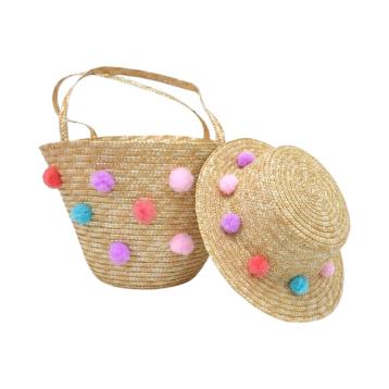 Set cappello e borsa in paglia bimba con pon pon colorati Le Kikke