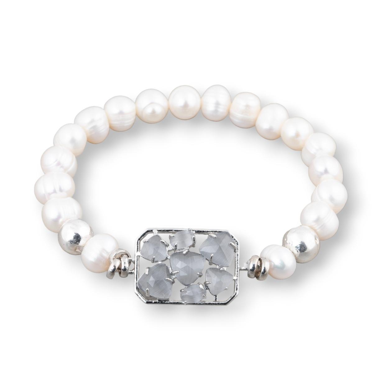 Bracciale con perle di fiume potato 7,5-8 mm con ematita e occhi di gatto