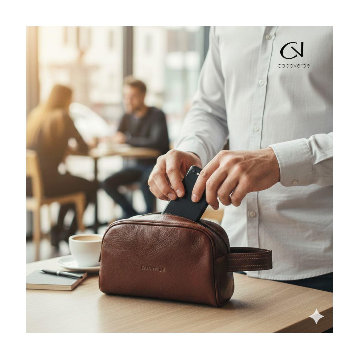 Pouchette uomo con manico in vero cuoio Capoverde Made in Italy