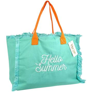 Borsa mare donna turchese con manici arancioni aperta e sfrangiata Hello Summer Verve