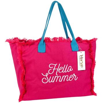 Borsa mare donna fucsia con manici azzurri aperta e sfrangiata Hello Summer Verve