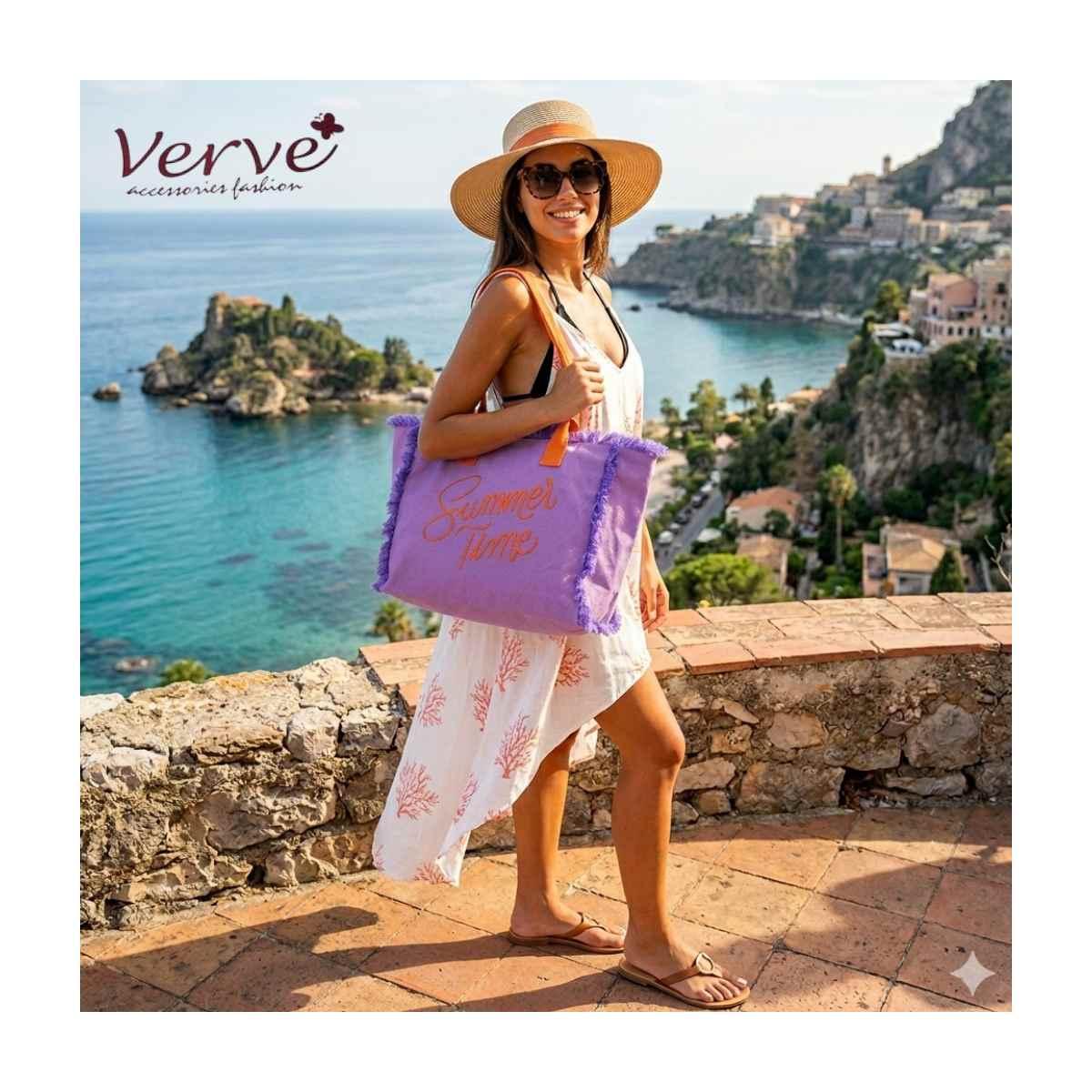 Borsa mare donna viola con manici arancioni aperta e sfrangiata ''Summer Time'' Verve