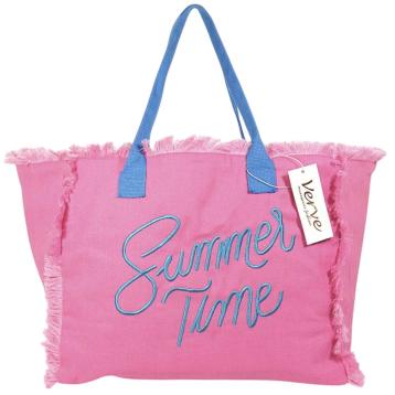 Borsa mare donna rosa con manici azzurri aperta e sfrangiata summer time verve