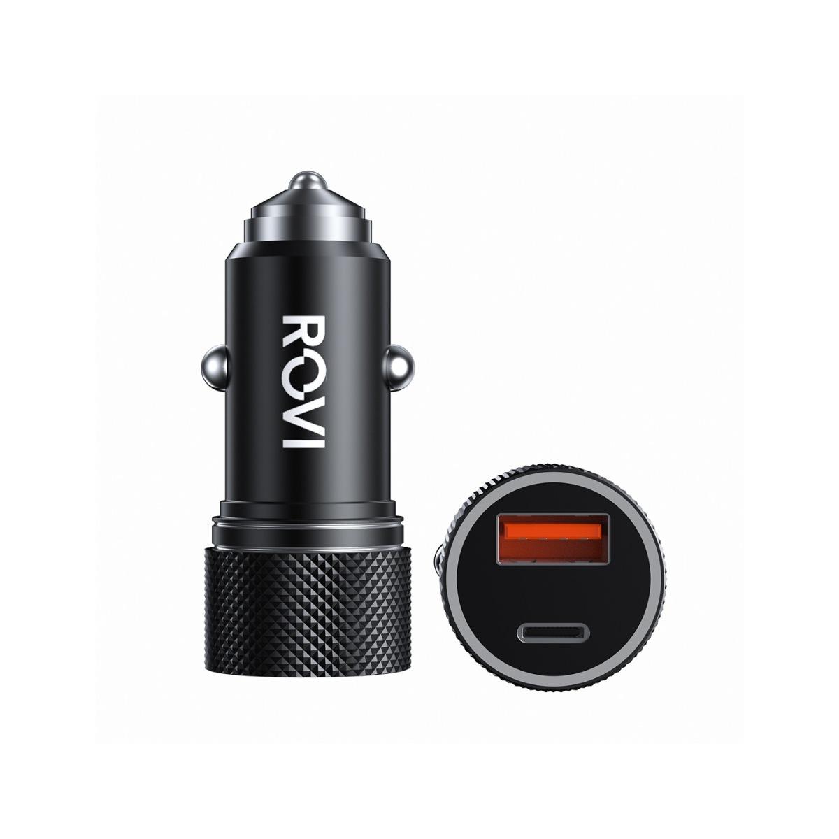 Caricatore da auto rapido 2 porte USB e Type-c in alluminio <br />Rovi