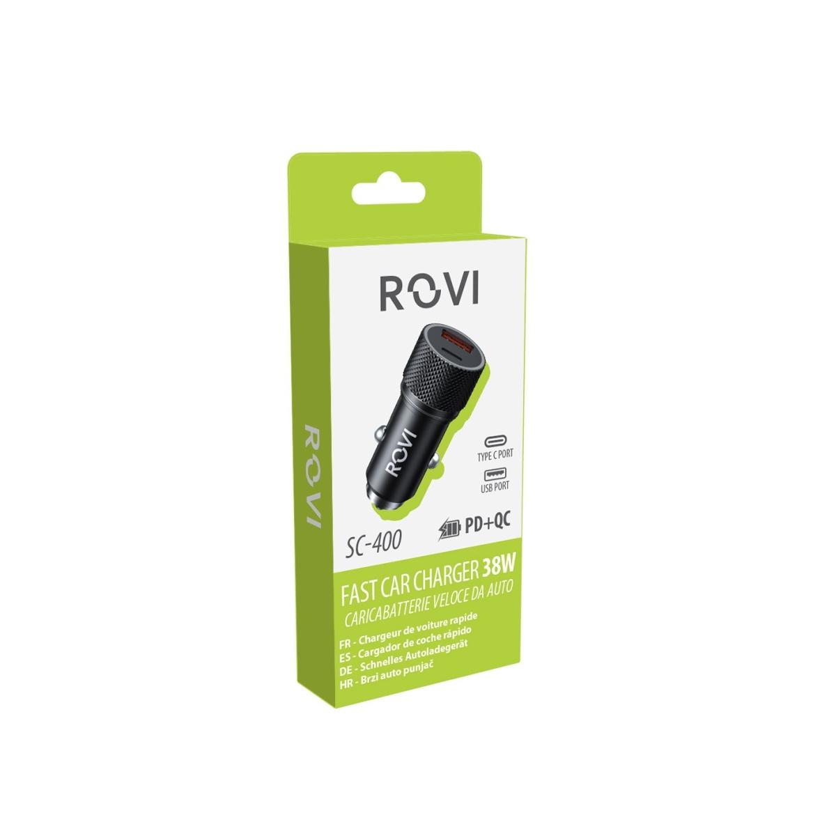 Caricatore da auto rapido 2 porte USB e Type-c in alluminio <br />Rovi