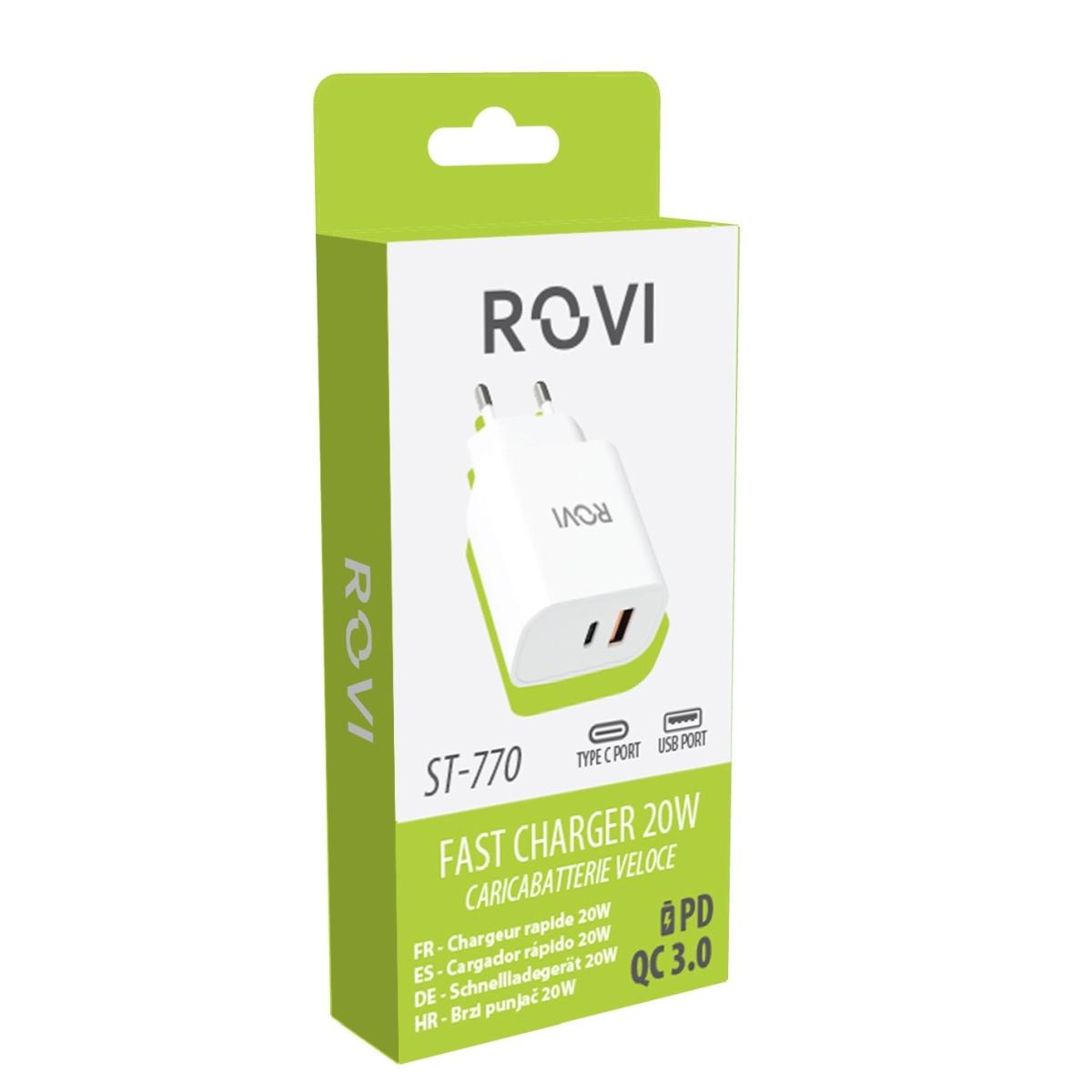 Caricatore da muro rapido 2 porte USB e Type-c 20W Rovi