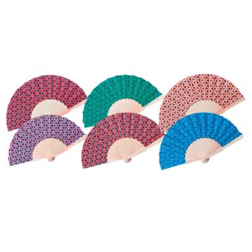 Ventaglio in tessuto e manico in legno con decorazione fantasie geometriche