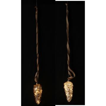 Decorazione natalizia in vetro da appendere modello pigna con 10 LED pila 2AA d9,5 x h100 cm