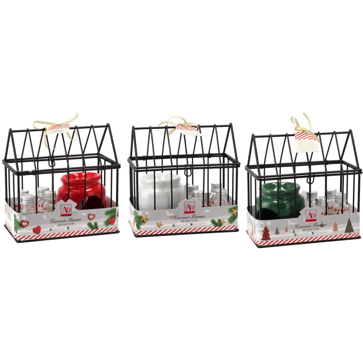 Kit per profumazione con brucia oli in ceramica 4 oli 10ml e gabbietta in ferro 17x9,5x h17 cm