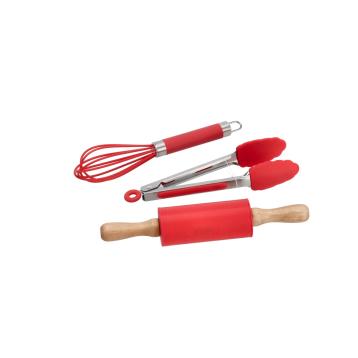 Set 3 utensili da cucina in silicone mattarello 22 cm frusta 22 cm  pinza 20 cm